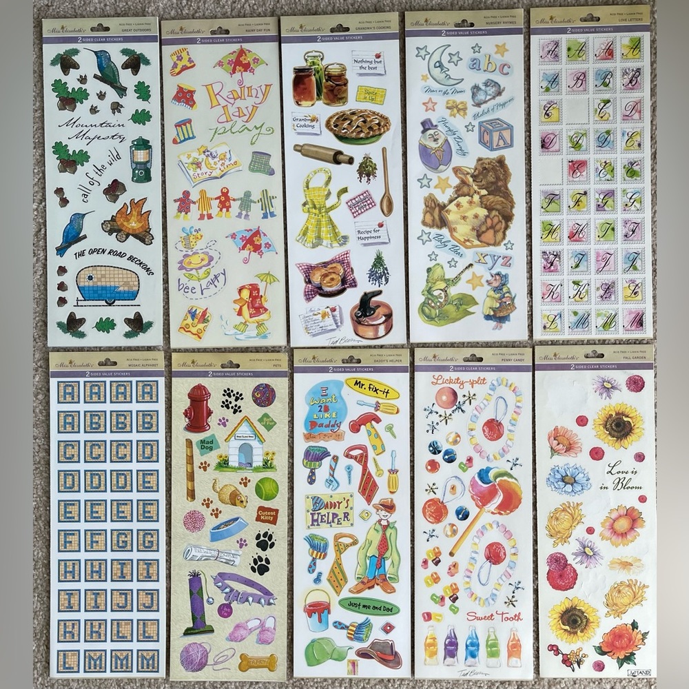 HTF Miss Elizabeth’s 2-Sided Scrapbook Sticker Sheets Lot of 10 Vintage NEW!